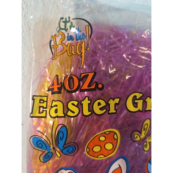 Vtg NOS Pink Yellow Easter Basket Grass 4oz Cellophane It's In The Bag Filler - Picture 2 of 5